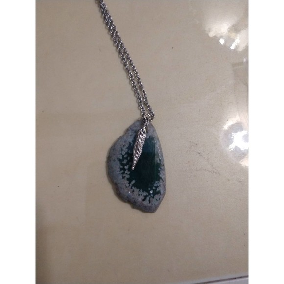 Blue stone Necklace w feather charm boho - Picture 2 of 12